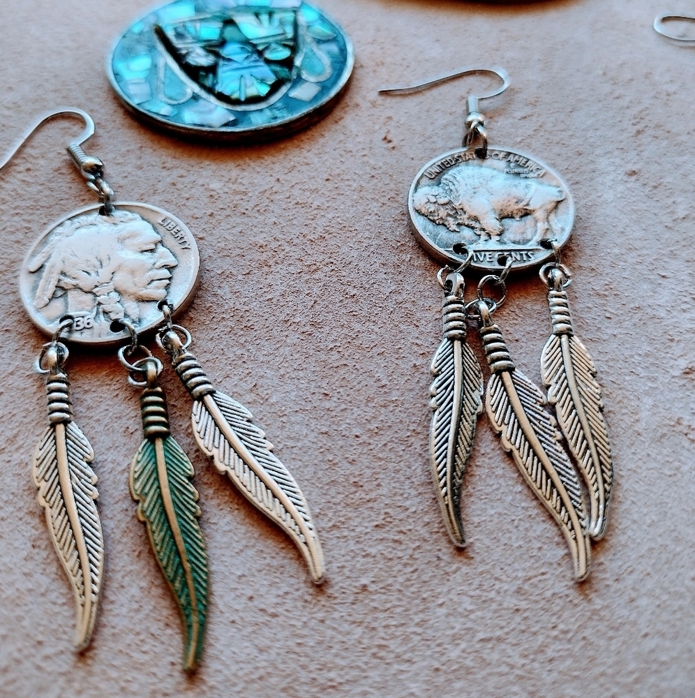 Handmade Real Buffalo Nickel Feather Dangle Silver Drop Hook Earrings